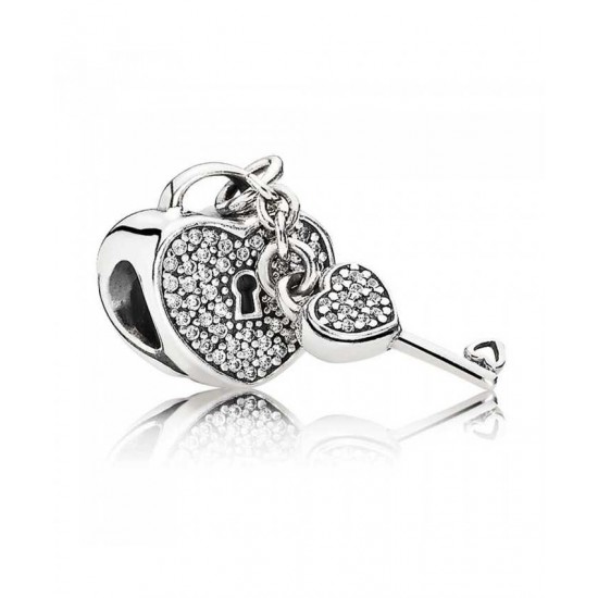 Pandora Charm-Silver Pave Cubic Zirconia Padlock And Key